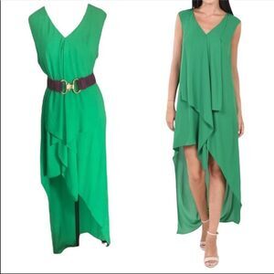 BCBGMAXAZRIA Tara Sleeveless Cascade-Ruffle High-Low Midi Maxi Dress Green XS